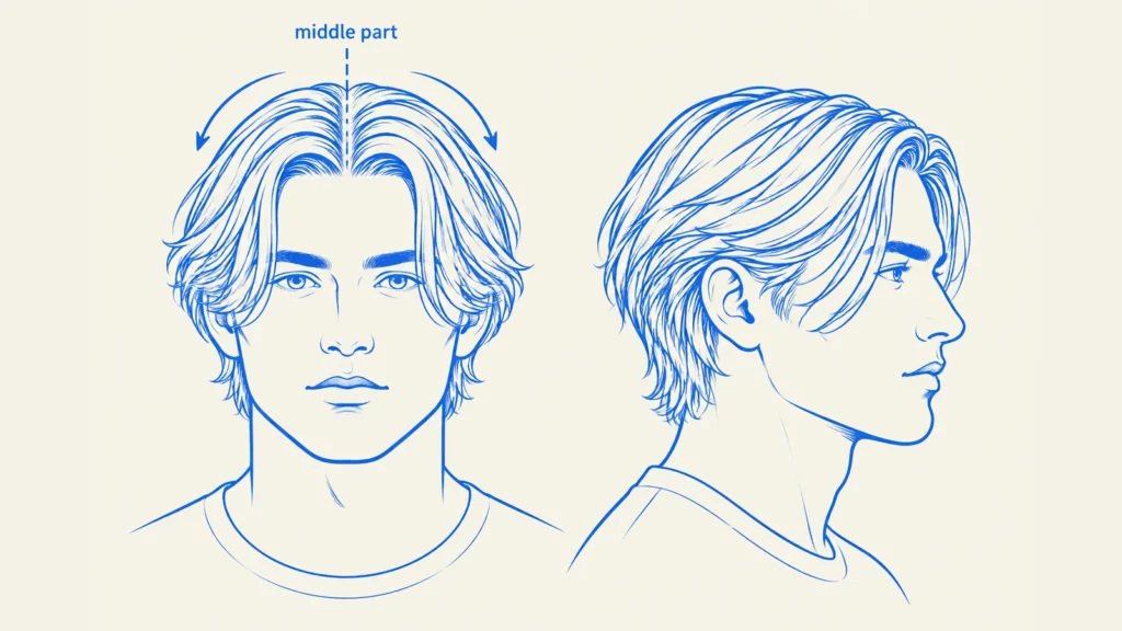 Illustration of a middle-part curtains haircut from the front and side, with face-framing pieces sweeping back