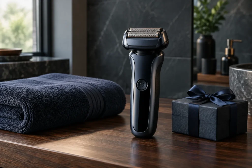 Modern electric foil shaver next to a folded navy towel and a wrapped gift box