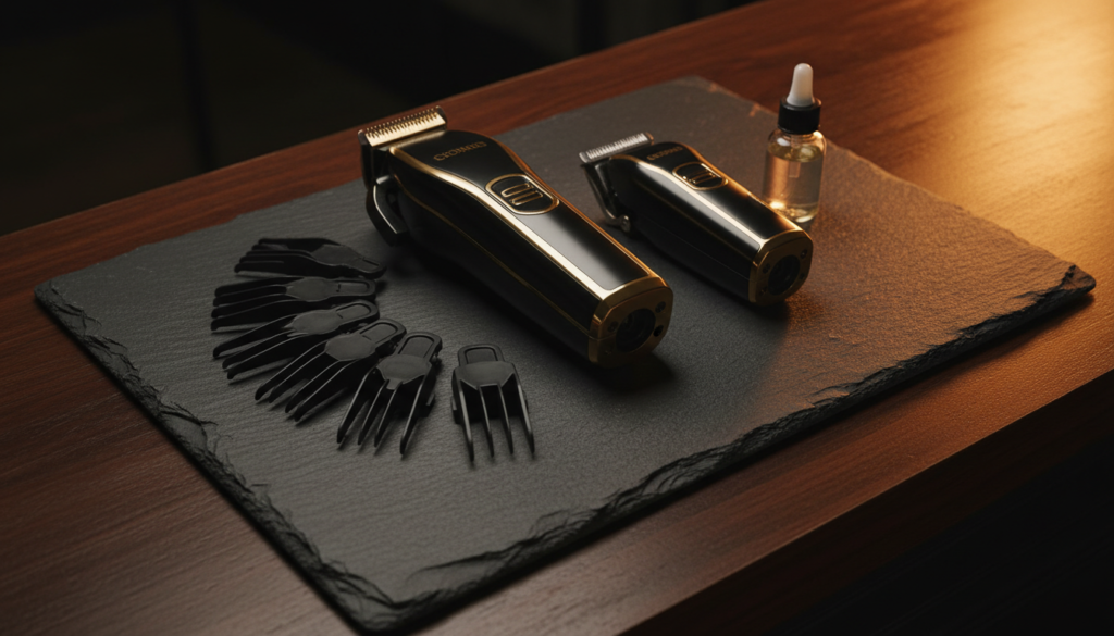 Best Hair Clippers for Fades in 2026 1 Professional cordless fade clippers with guard combs and clipper oil on a slate mat