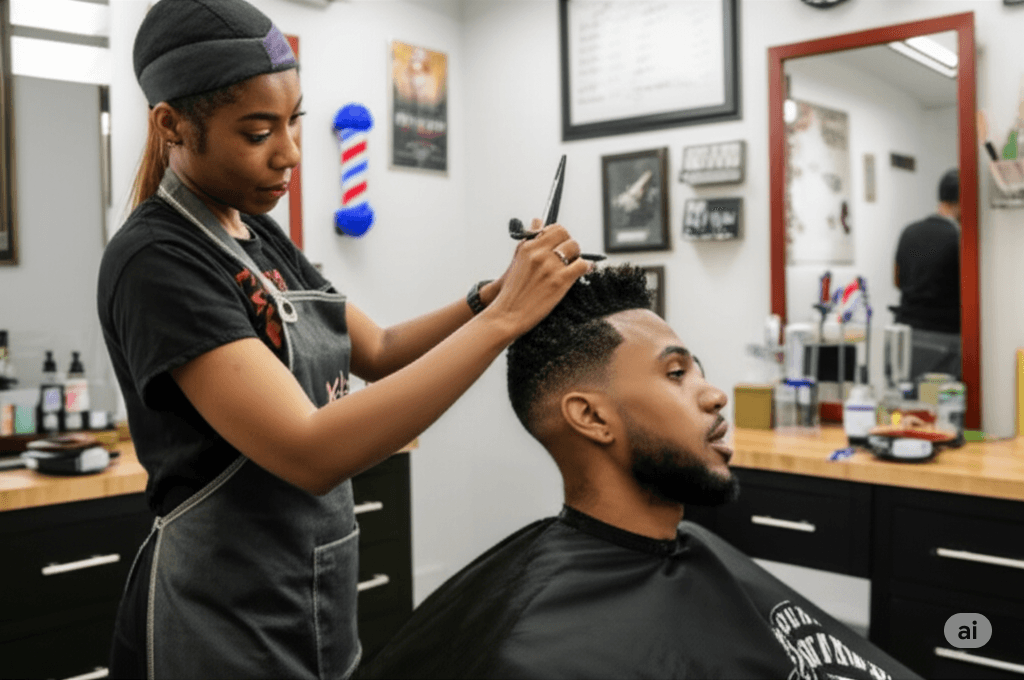 AI Generated image of a Female Barber -- million dollar salon