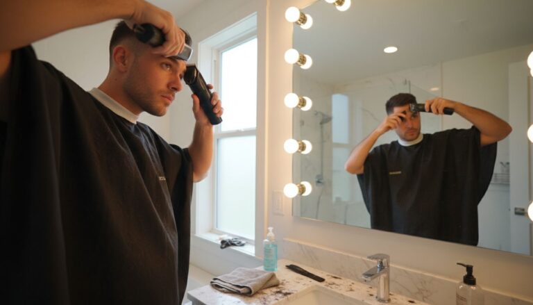 Vacuum Haircuts at Home: Flowbee vs Remington 11 Man in a barber cape cutting his own hair with clippers in front of a lit bathroom mirror