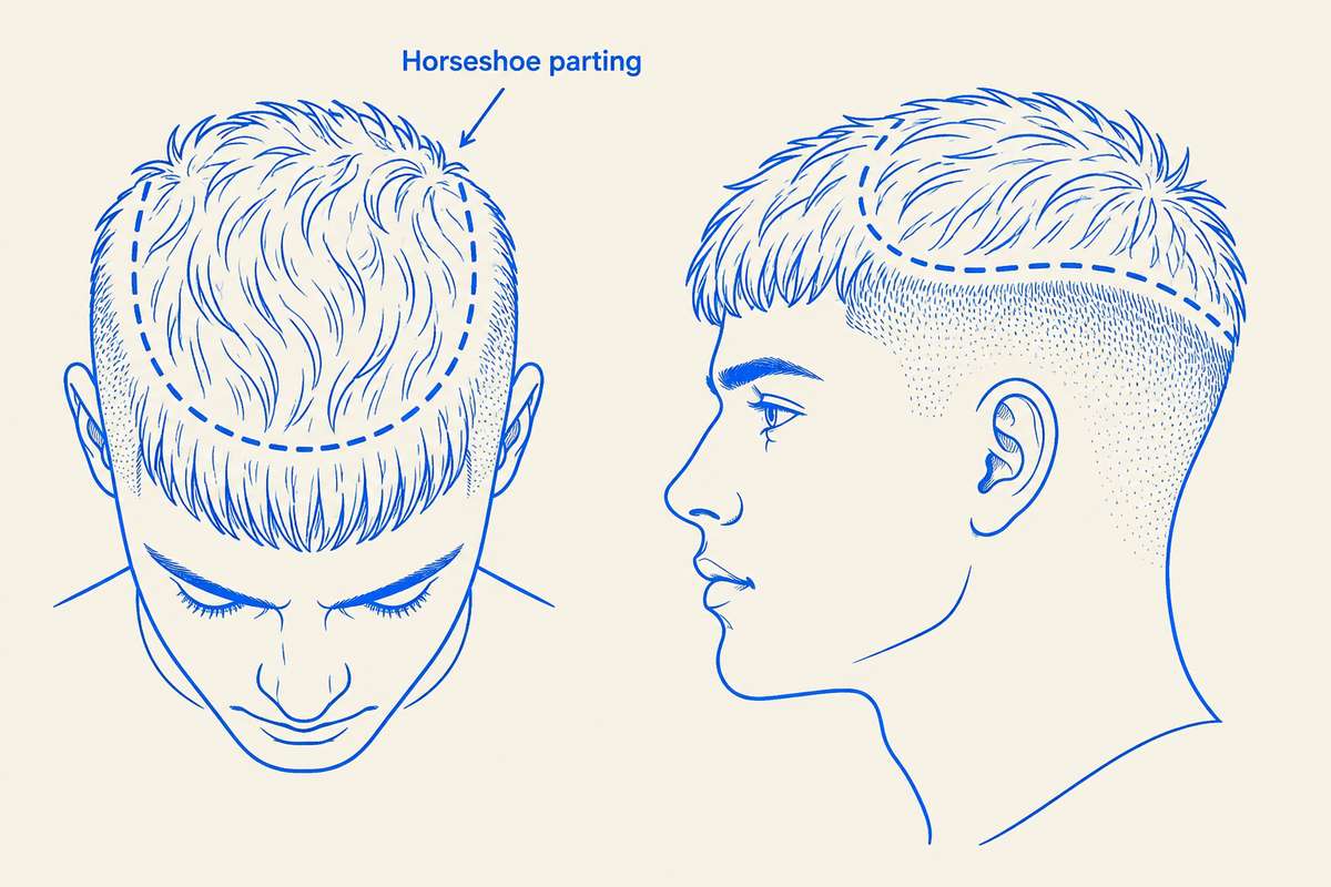 French crop sectioning diagram showing the horseshoe parting separating the textured top from the faded sides