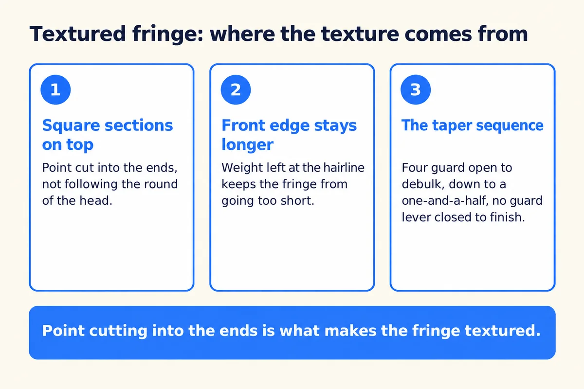 Diagram of where a textured fringe gets its texture: square sections point cut on top, a longer front edge, and the taper sequence on the sides Diagram of where a textured fringe gets its texture: square sections point cut on top, a longer front edge, and the taper sequence on the sides