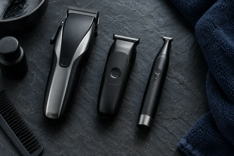 Full-size clipper, short trimmer and slim detail trimmer in a row on dark slate
