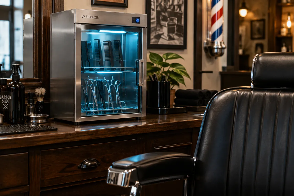 Gifts for Barbers Who Have Everything (2026) 2 A UV tool cleaning cabinet on a barbershop counter with combs and shears inside, next to a barber chair
