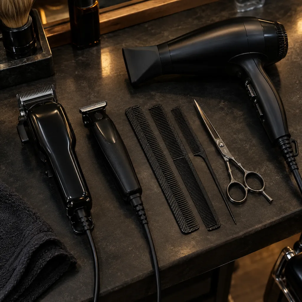 Gifts for Barbers Who Have Everything (2026) 1 Premium barber tools arranged on a shop counter: a clipper and trimmer set, hair dryer, carbon comb and shears