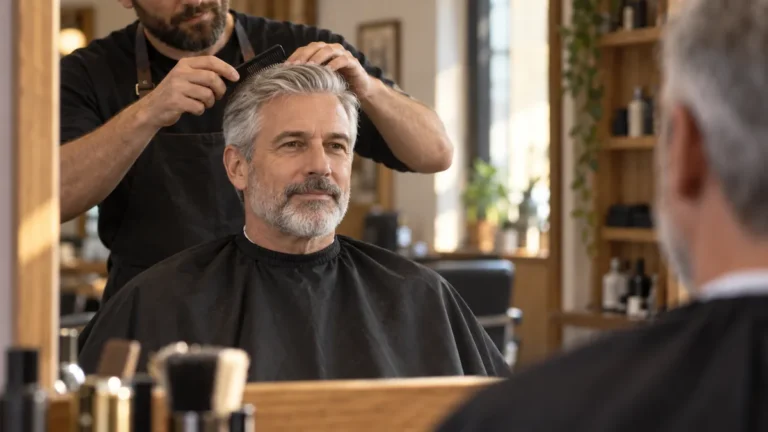 How Men Keep Gray Hair Sharp: The Silver Playbook 5 Man with natural silver-gray hair and a short gray beard having his hair combed by a barber in a barber chair.