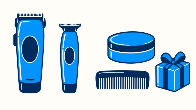 Blue illustration of a clipper, detail trimmer, styling tin, comb and gift box.