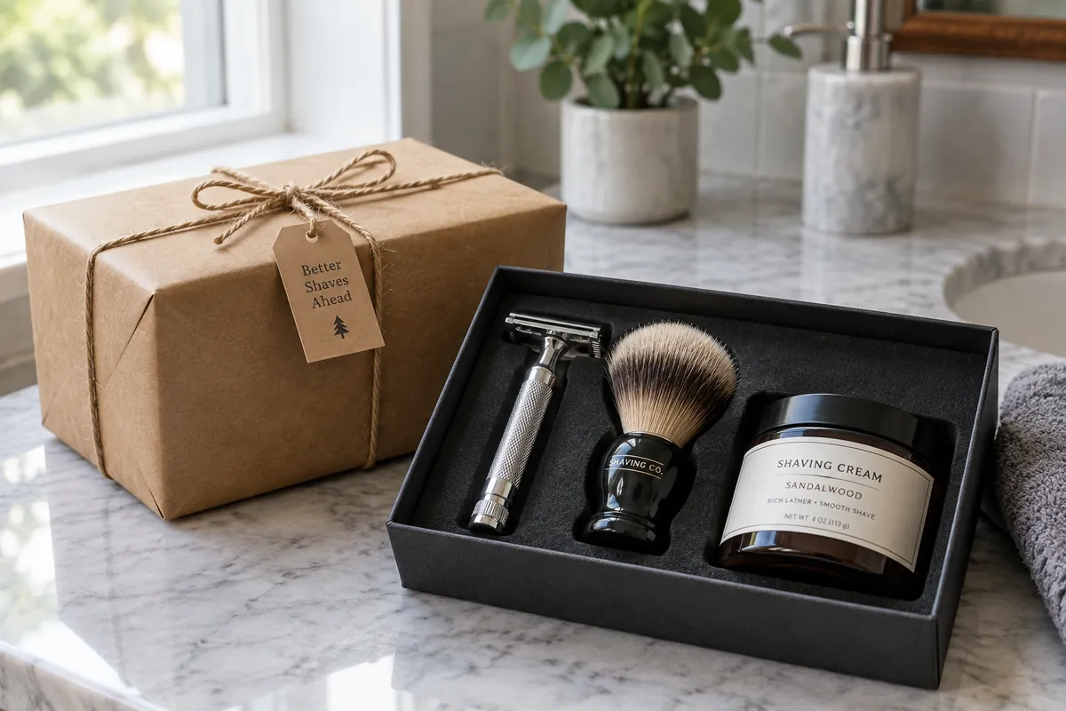 A wrapped gift box next to an open grooming kit with a safety razor, shaving brush and cream on a bathroom counter