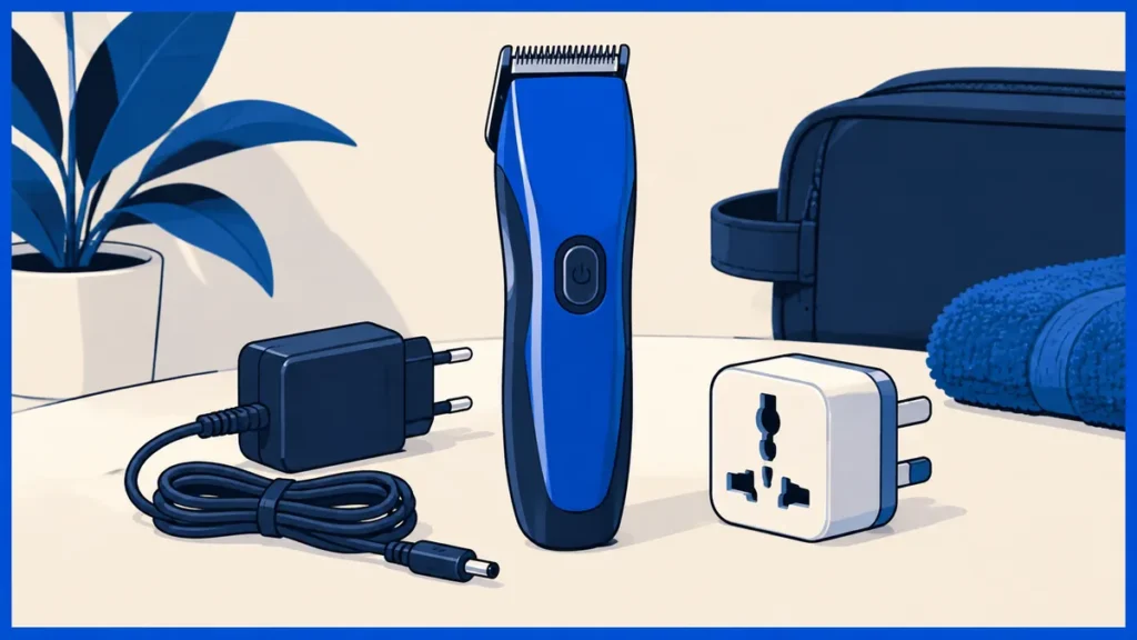 Travel Clippers Voltage: Adapters, Chargers and Plugs 1 Illustration of a generic cordless clipper, its separate charger and a travel plug adapter on a tabletop.