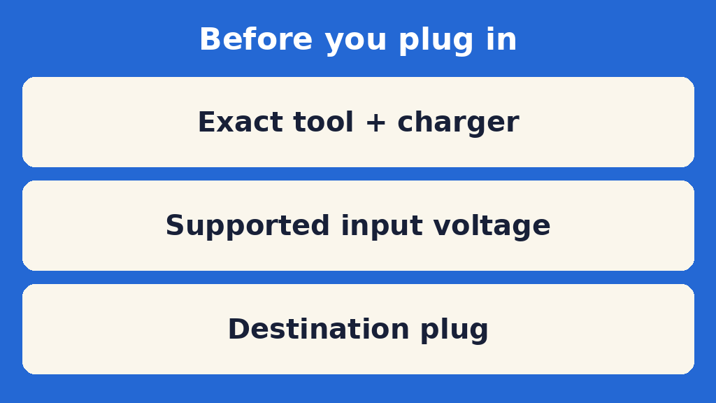 Illustration listing exact tool and charger, supported input voltage and destination plug checks. Illustration listing exact tool and charger, supported input voltage and destination plug checks.