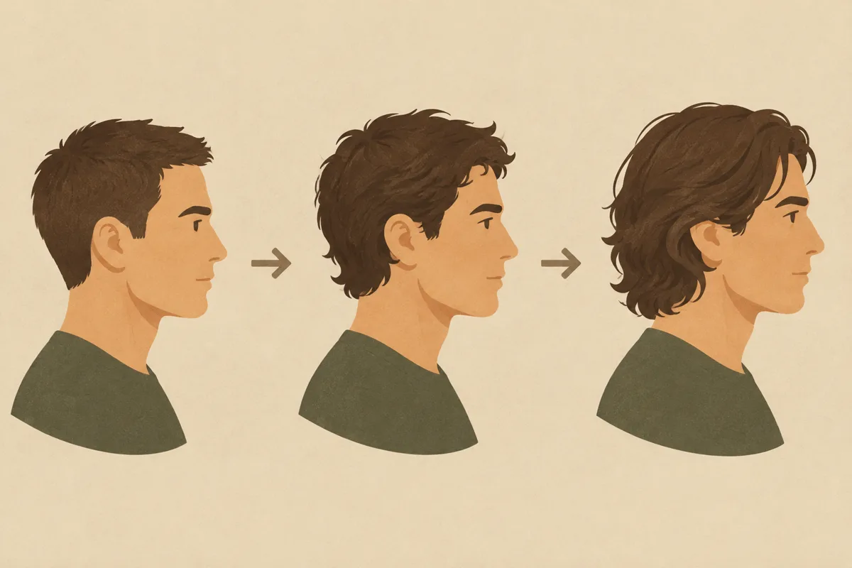 Illustration of three side profiles of the same man showing hair growing out from short, through a medium awkward stage, to long, with arrows between the stages.