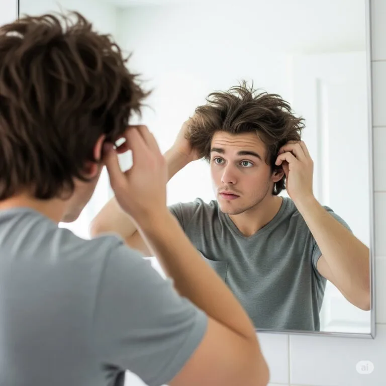 guy styling his hair in mirror