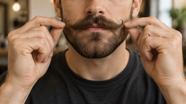 Man holding the upward-curled tips of his brown handlebar mustache.