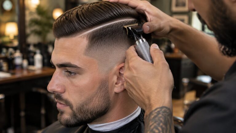 How to Cut a Hard Part (Razor Part): What Barbers Show 8 Barber etching a hard part shaved line into a comb over fade with a T-blade trimmer