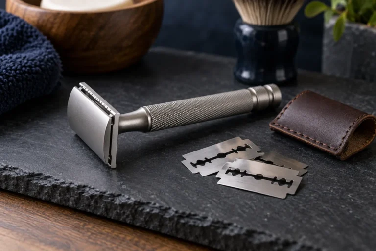 Henson AL13 Review: Specs, Mild vs Medium and Who It Suits 4 Lightweight aluminum safety razor with loose blades and a leather head cover on slate