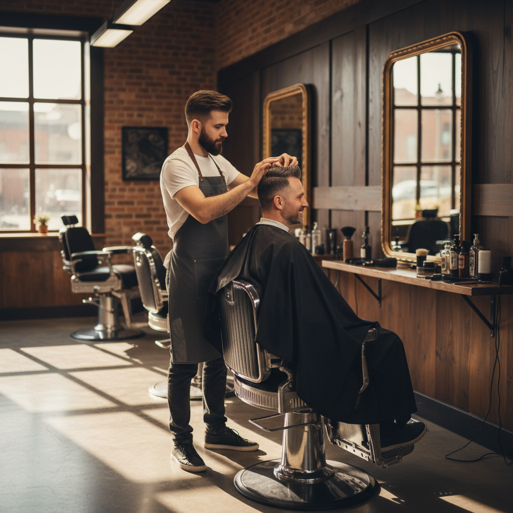 The Faux Hawk: A Barber's Step-by-Step Build 2 Barber scissor cutting and styling the top section of a faux hawk in a barbershop