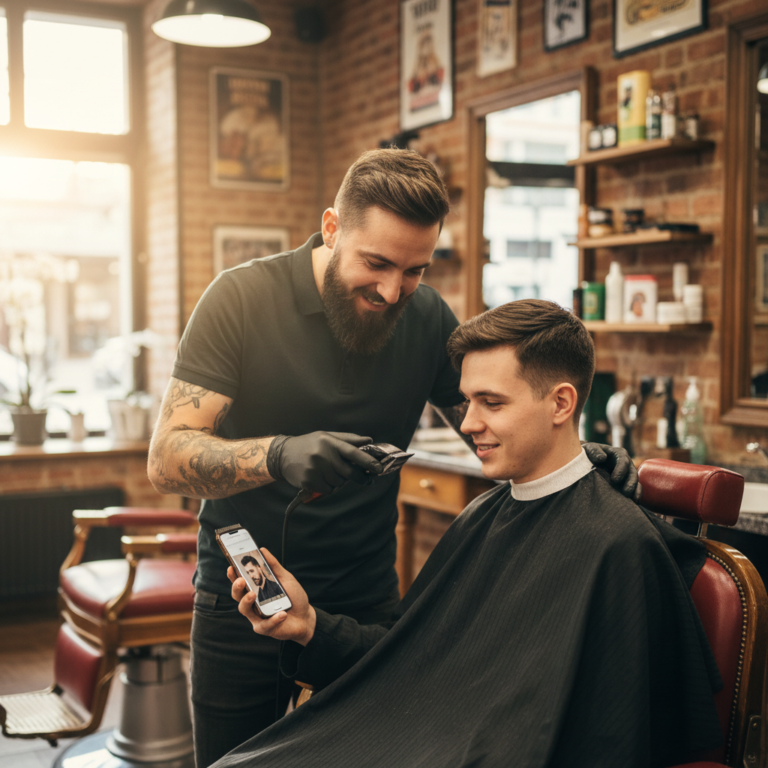 How to Tell Your Barber What You Want: The Terms That Work 5 Barber and client reviewing a reference photo on a phone in the shop