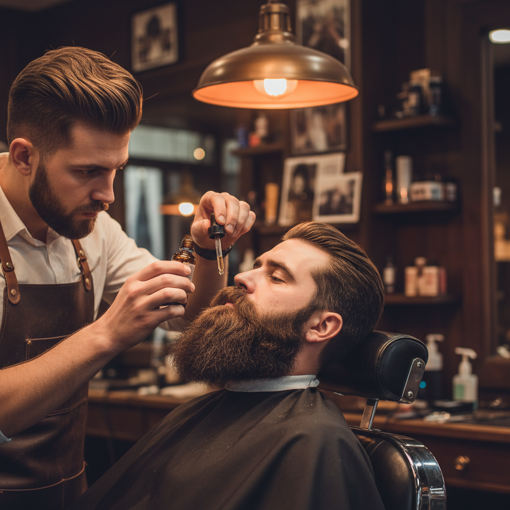 Barber applying beard oil to a full beard in the chair Barber applying beard oil to a full beard in the chair