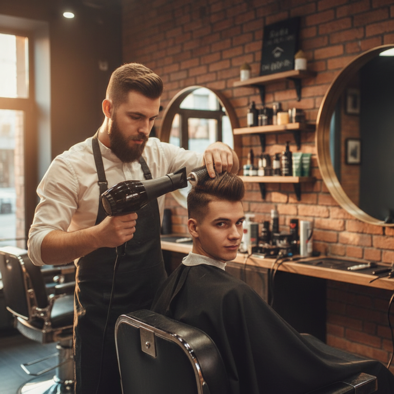 The Faux Hawk: A Barber's Step-by-Step Build 5 Barber styling a faux hawk with a round brush and blow dryer