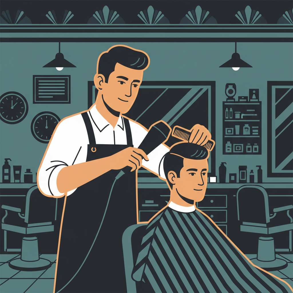Classic Side Part: How Barbers Build It 1 Barber blow drying and combing a classic side part into a client's hair, flat illustration