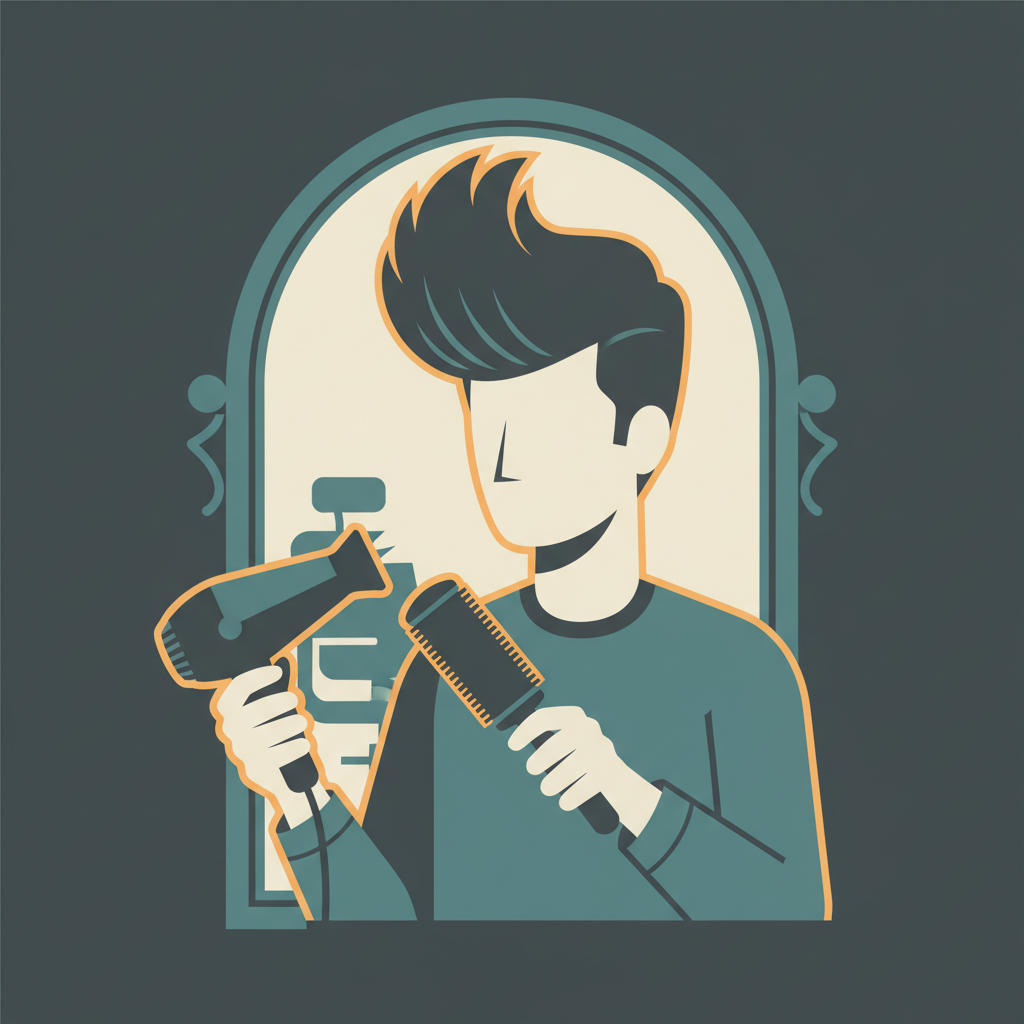 Man with a tall voluminous quiff styled upward with a blow dryer and round brush, flat illustration