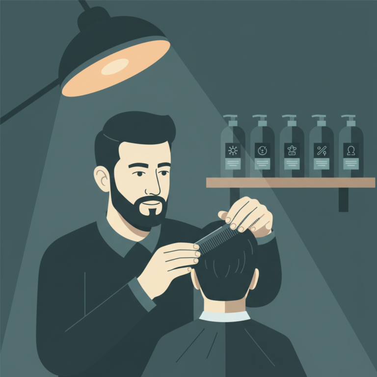Barber inspecting a client's scalp with a comb under a shop light, shampoo bottles on the shelf behind, flat illustration