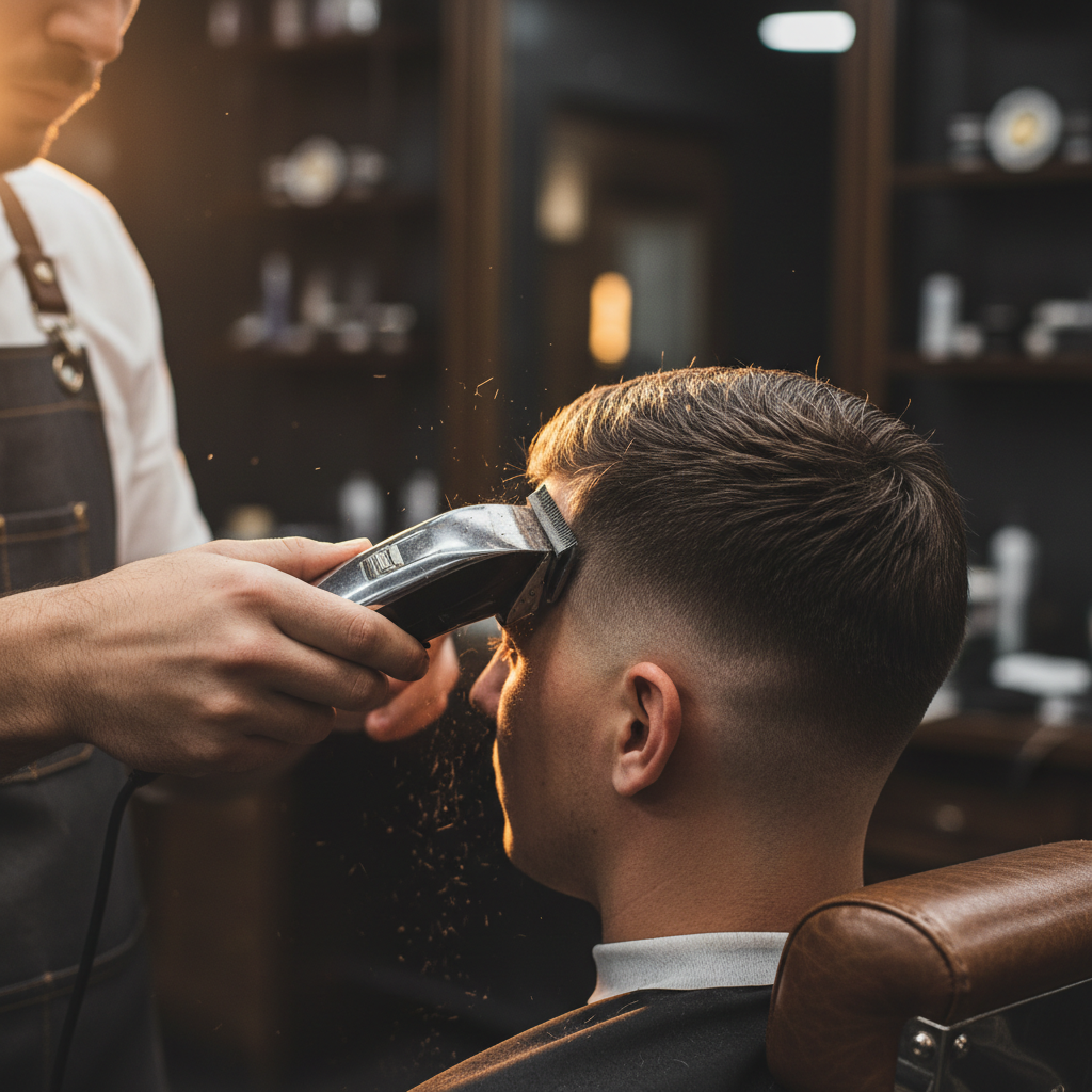 Barber clippering a drop fade on a client in a barbershop