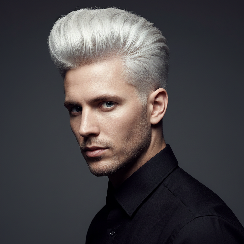 Young man with a platinum blonde quiff styled up at the front