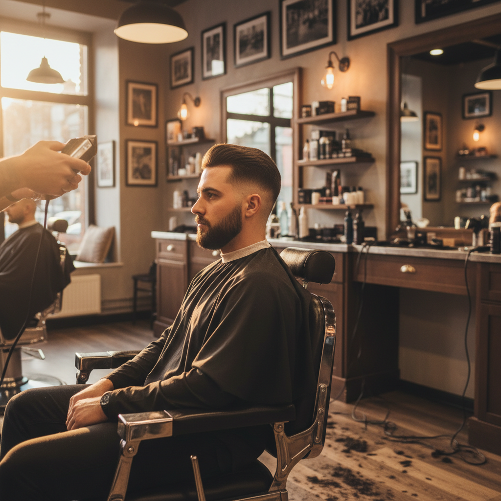 Side profile of a fresh low fade with a blended sideburn