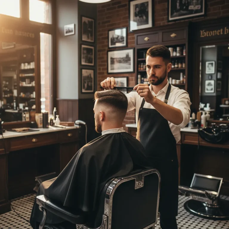 Barber checking a flat top haircut level with a comb