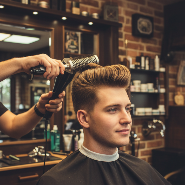 MC Barber's Classic Pompadour, Step by Step 3 Barber blow drying a classic pompadour with a round brush