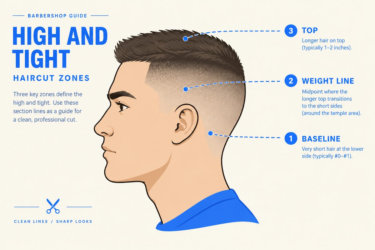 High and tight haircut zone diagram showing the baseline, weight line, and top section