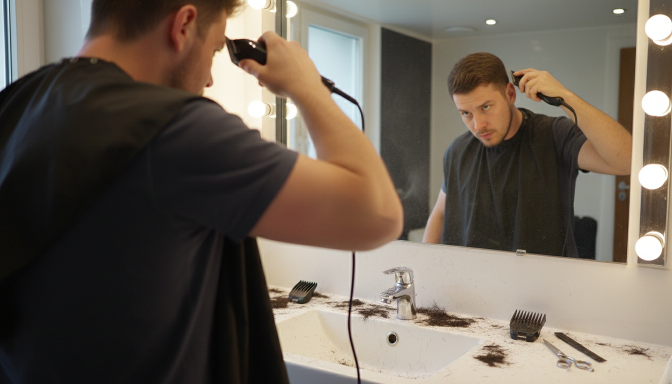 How to Cut a Fade at Home: A Beginner's Guide (2026) 2 Man cutting the back of his own hair in a mirror