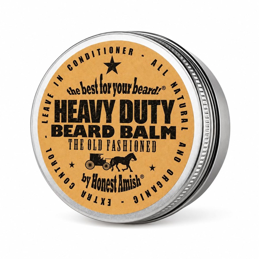 Honest Amish Heavy Duty Beard Balm tin on a counter