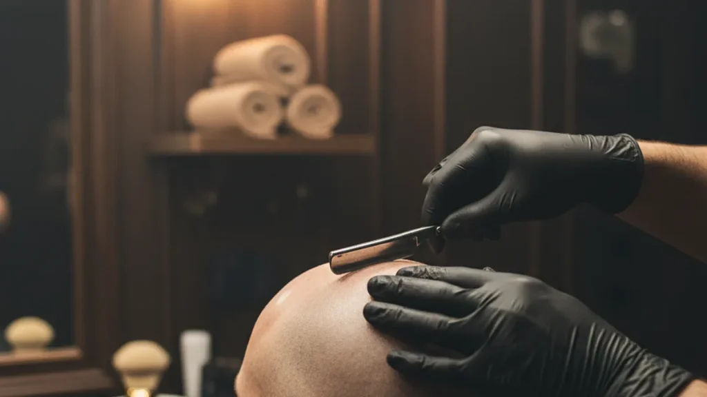 How to Shave Your Head Bald: Tools, Steps, and Aftercare 1 A barber in black gloves finishing a clean head shave with a straight razor in a barbershop