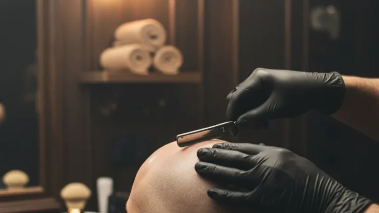 How to Shave Your Head Bald: Tools, Steps, and Aftercare 2 A barber in black gloves finishing a clean head shave with a straight razor in a barbershop