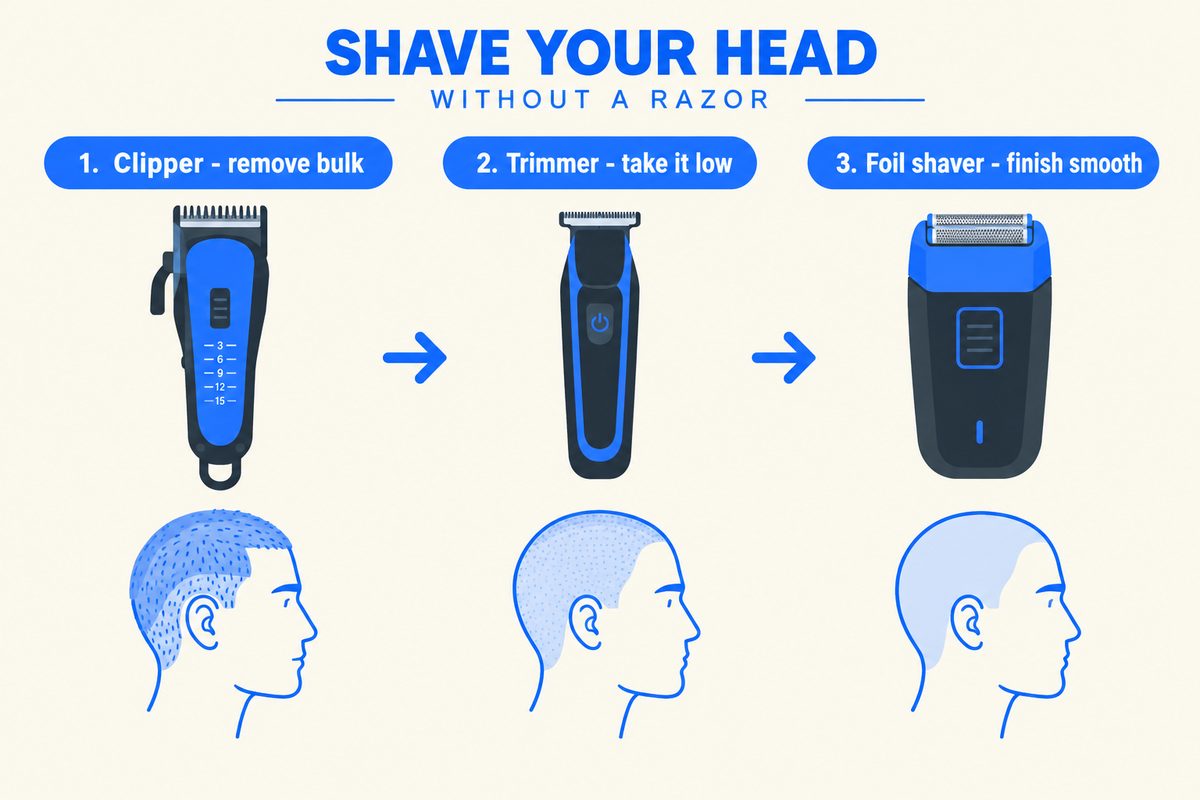 How to Shave Your Head at Home Without a Razor 2 Diagram of the three tools for shaving your head without a razor: adjustable clipper, trimmer, and foil shaver