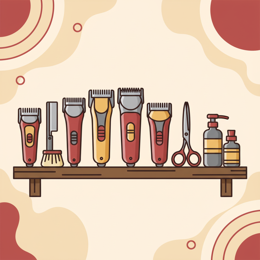 Best Beard Trimmers for Men 2026: Every Type Covered 1 Flat illustration of beard trimmers and barber tools on a barbershop shelf