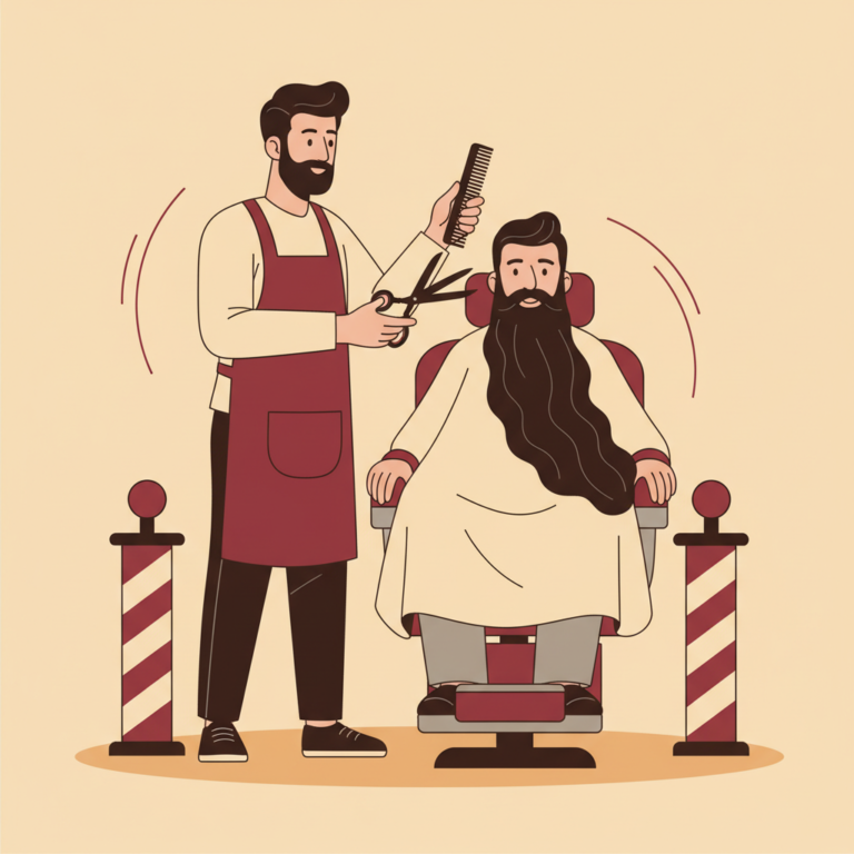 Best Beard Trimmers for Long, Thick Beards (2026) 3 Barber trimming a client with a long full beard in a barber chair