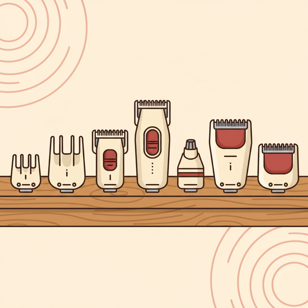 Best Beard Trimmers for Long, Thick Beards (2026) 2 Beard trimmer guard combs lined up on a wooden barber counter