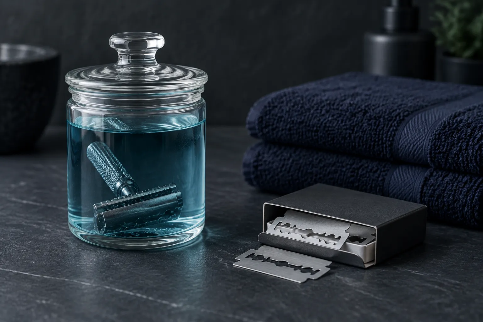 How to Do a Hot Towel Shave: Step-by-Step Barber Method 2 Folded towels and a razor blade beside a disinfectant jar on a barbershop counter