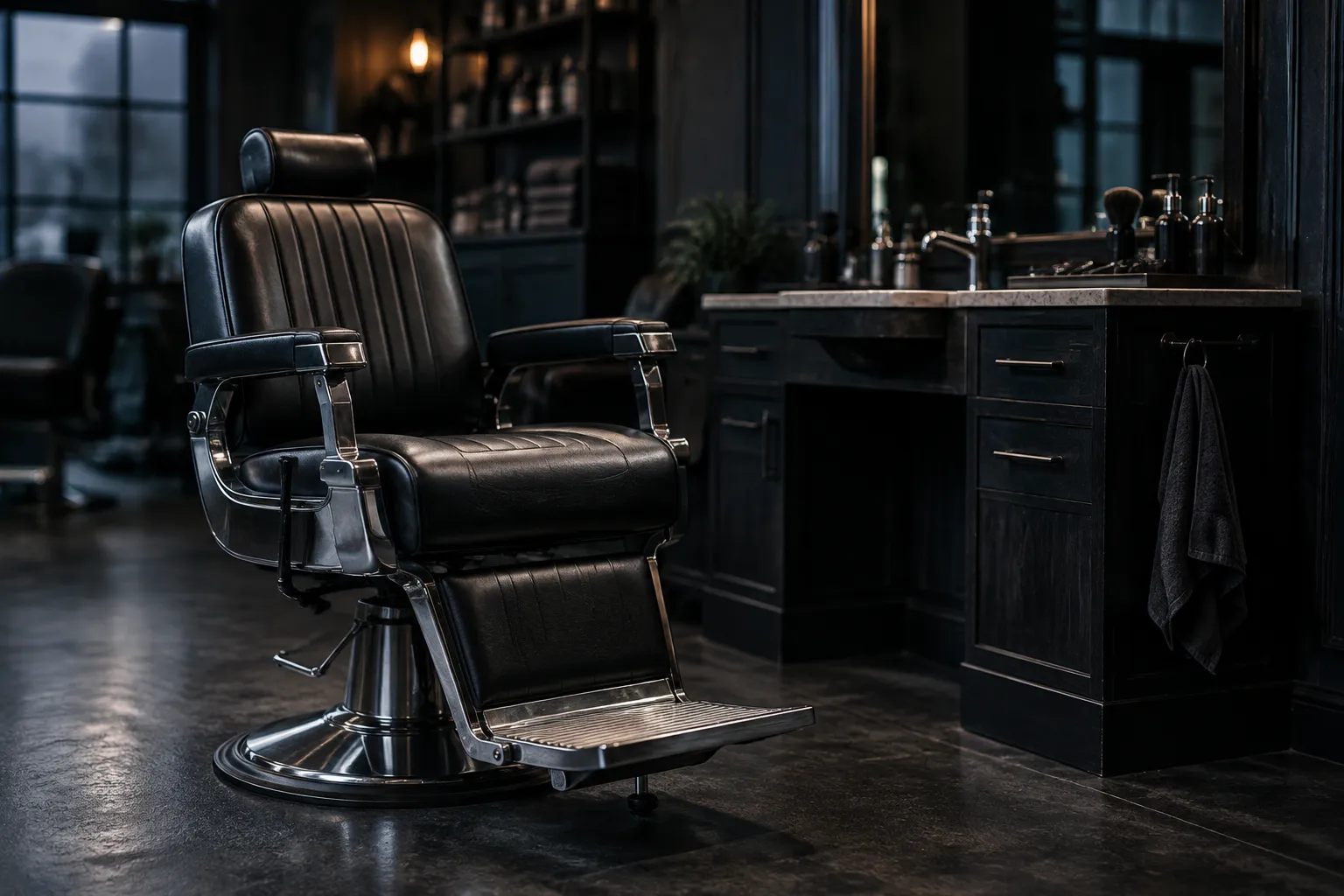 The Complete Guide to Buying a Barber Chair: Styles, Types, and What to Consider 2 Classic leather barber chair with a chrome footrest in a dim barbershop
