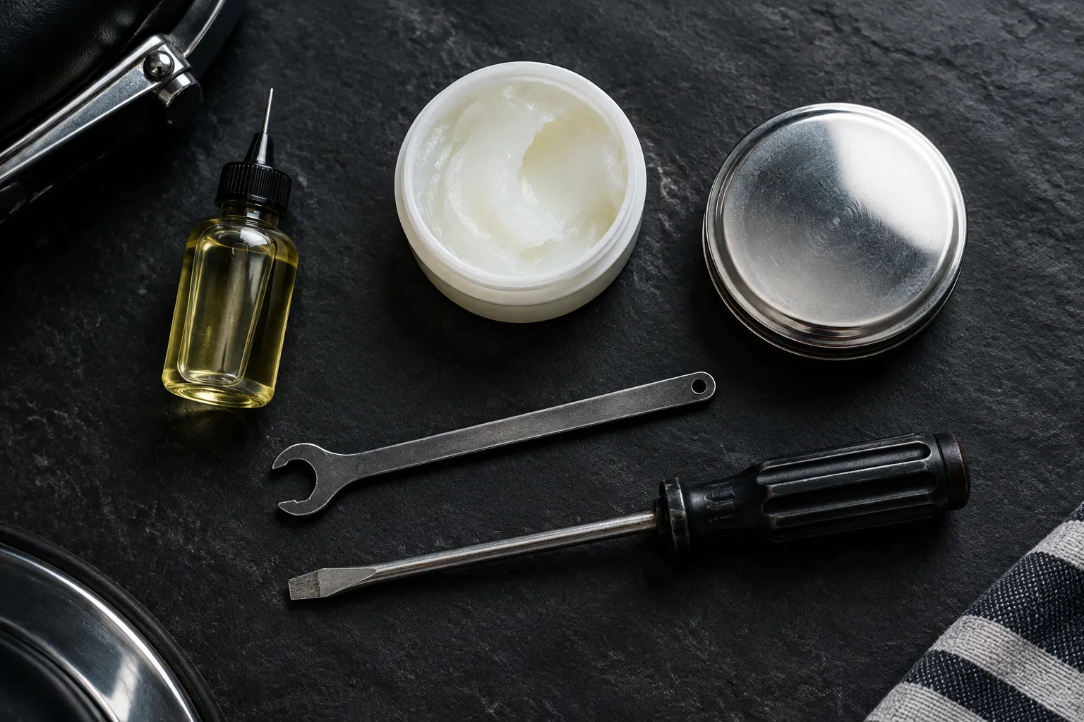 The Complete Guide to Buying a Barber Chair: Styles, Types, and What to Consider 4 Barber chair maintenance tools on dark slate: light machine oil, petroleum jelly, chrome polish, tappet wrench and screwdriver