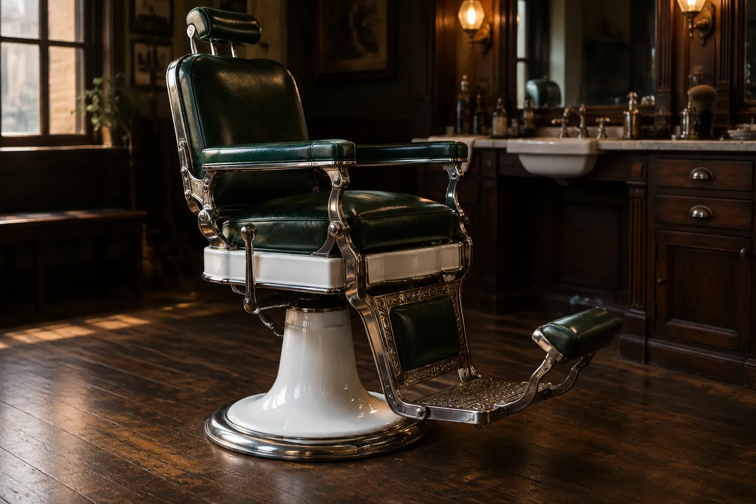 The Complete Guide to Buying a Barber Chair: Styles, Types, and What to Consider 3 Vintage porcelain-base barber chair with green leather and nickel metalwork in a wood-floored barbershop