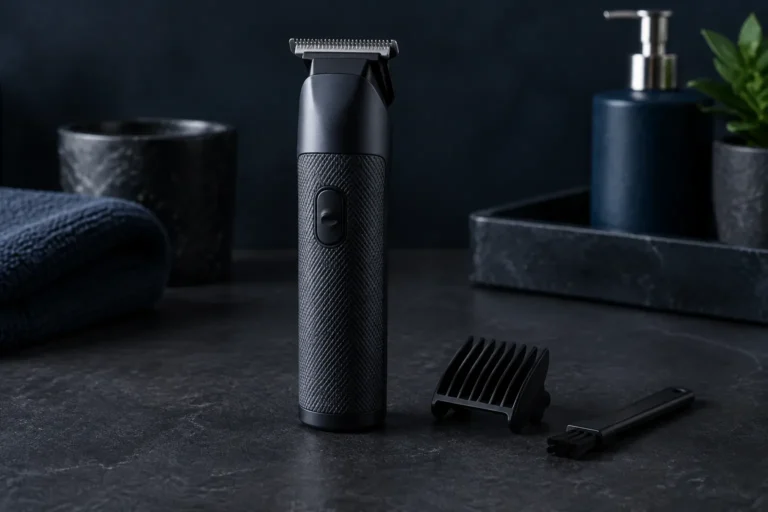 Cordless T-blade trimmer with a comb and brush on dark slate