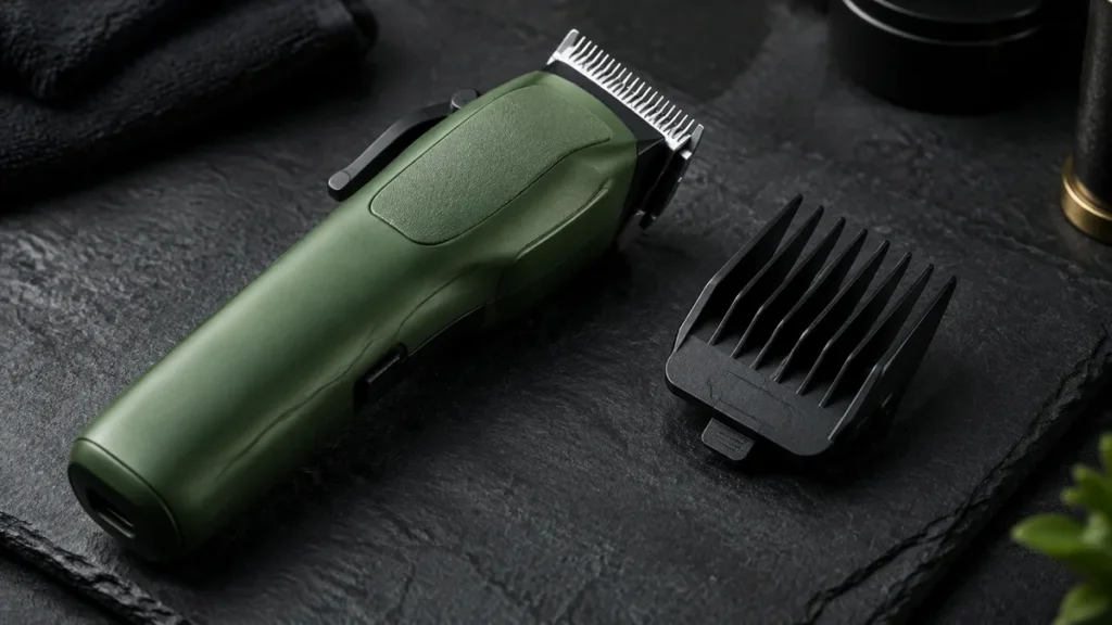 Matte green cordless clipper with a black guide comb on dark slate