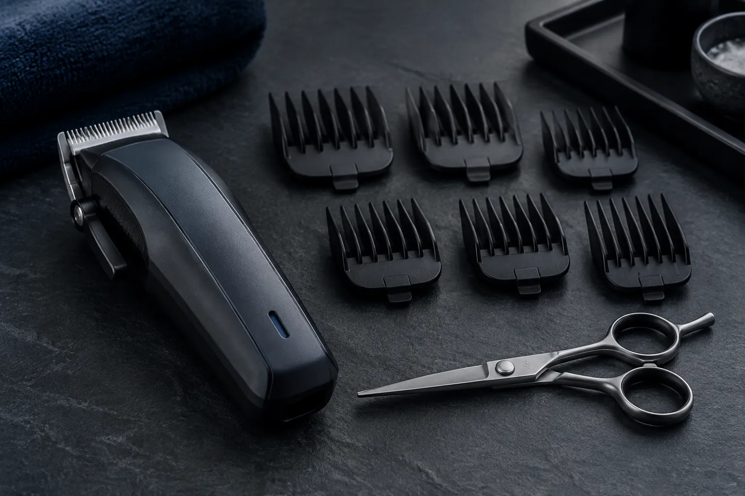 Clipper, guide combs and shears laid out as a starter kit on dark slate