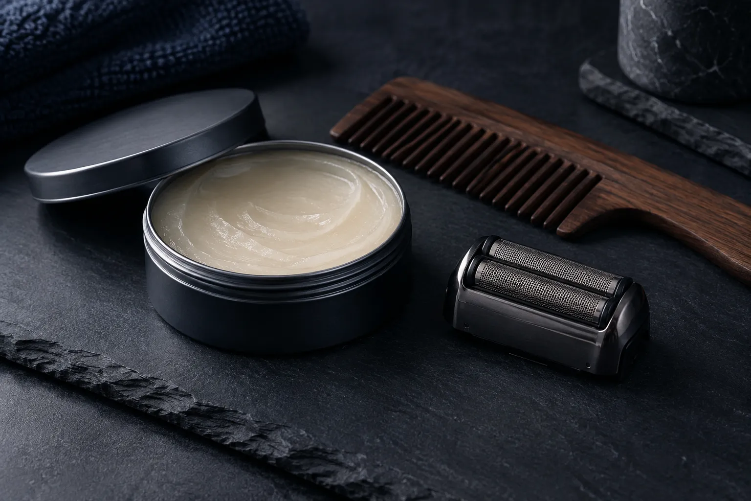Pomade tin, wooden comb and shaver foil on dark slate