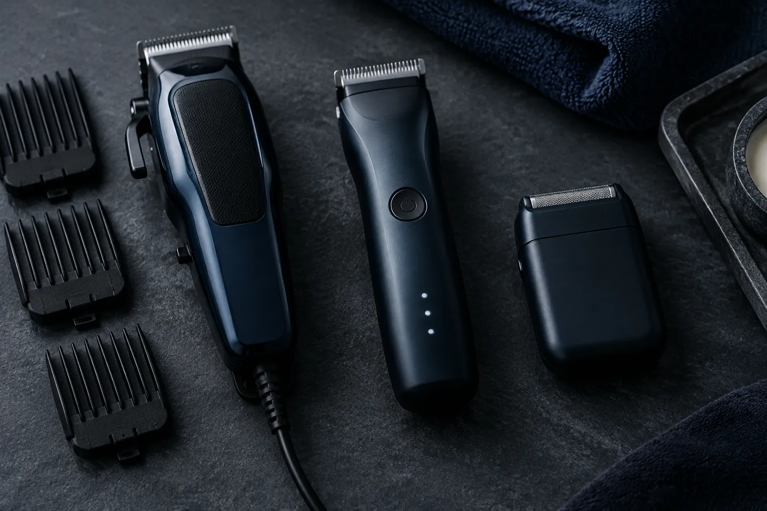 Best Barber Tools Under $100: 5 Budget Picks 2 Corded clipper, cordless clipper and pocket foil shaver on dark slate